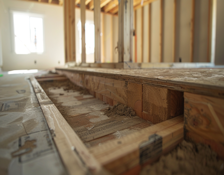 Subfloor hump over joist tied into cantilever